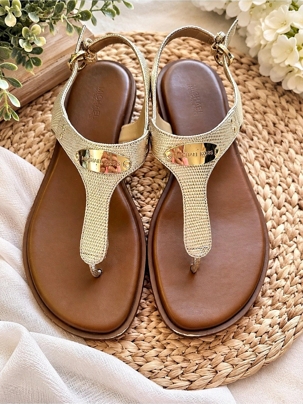 Michael Kors Slingback Thong Sandal Gold & Brown